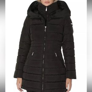 SOLD LAUNDRY BY SHELLI SEGAL Women's Bibbed Hooded Puffer Coat Med, Olive Green